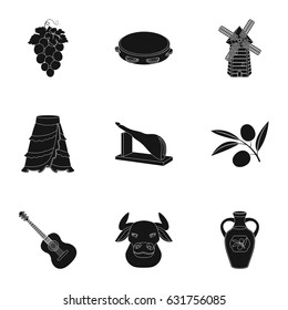 A set of pictures about Spain. Sights of Spain, gypsies, guitar, dances.Spain country icon in set collection on black style vector symbol stock illustration.