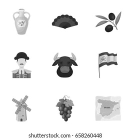 A set of pictures about Spain. Sights of Spain, gypsies, guitar, dances.Spain country icon in set collection on monochrome style vector symbol stock illustration.