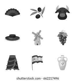 A set of pictures about Spain. Sights of Spain, gypsies, guitar, dances.Spain country icon in set collection on monochrome style vector symbol stock illustration.