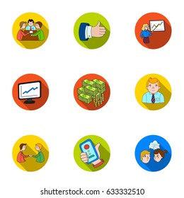 A set of pictures about the transaction, work, office. Office center, analytics.Business conference and ntgotiations icon in set collection on flat style vector symbol stock illustration.