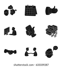 A set of pictures about the transaction, work, office. Office center, analytics.Business conference and ntgotiations icon in set collection on black style vector symbol stock illustration.
