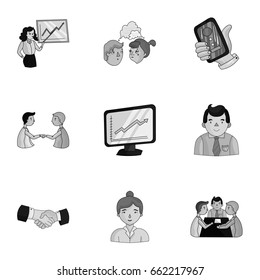 A set of pictures about the transaction, work, office. Office center, analytics.Business conference and ntgotiations icon in set collection on monochrome style vector symbol stock illustration.