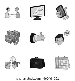 A set of pictures about the transaction, work, office. Office center, analytics.Business conference and ntgotiations icon in set collection on monochrome style vector symbol stock illustration.