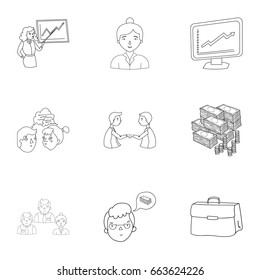 A set of pictures about the transaction, work, office. Office center, analytics.Business conference and negotiations icon in set collection on outline style vector symbol stock illustration.