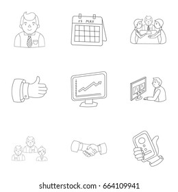 A set of pictures about the transaction, work, office. Office center, analytics.Business conference and ntgotiations icon in set collection on outline style vector symbol stock illustration.