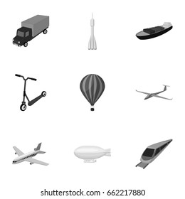 Set of pictures about types of transport. Transportation of people, cargo. Ground, underwater, air transport. Transport icon in set collection on monochrome style vector symbol stock illustration.