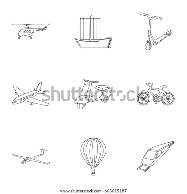 Set of pictures about types of transport.\
Transportation of people, cargo. Ground, underwater, air transport.\
Transport icon in set collection on outline style vector symbol\
stock illustration.