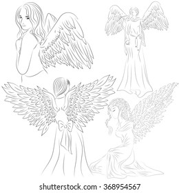 Set pictures of angels in a doodle and cartoon style