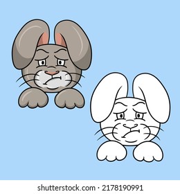 A set of pictures, an angry gray rabbit, animal emotions, a disgruntled hare, a vector illustration in cartoon style on a colored background