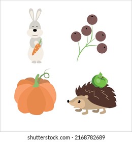Set of pictures for autumn. Hare with a carrot. Berries. Hedgehog with an apple. Pumpkin. Vector illustration isolated on white background.