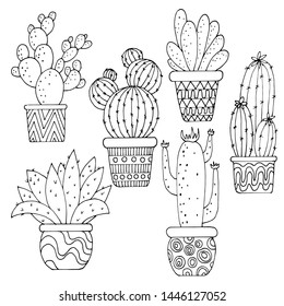 a set of pictures in black and white, cacti in pots