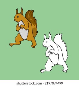 A set of pictures, A bright fluffy frightened squirrel standing on its hind legs, a vector illustration in cartoon style on a colored background