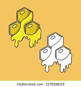 A set of pictures, Bright yellow honeycomb with honey, vector illustration in cartoon style on a colored background