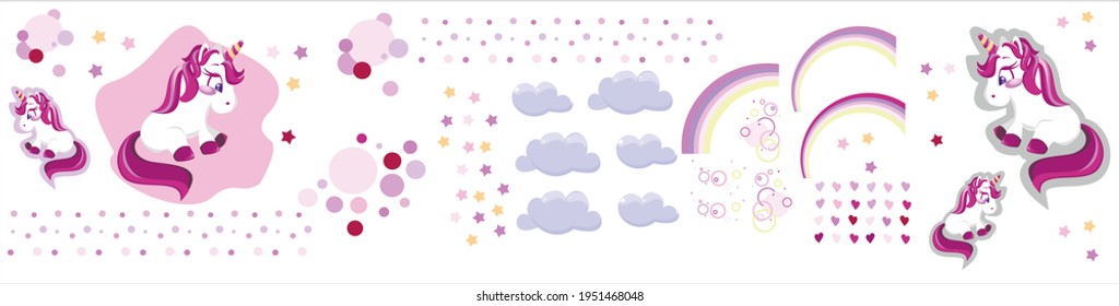 set of pictures for a card with a unicorn rainbow