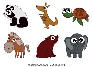 Set of pictures of cartoon wild animals. Panda, Kangaroo, Turtle, Elephant, Horse, Bear, vector illustration