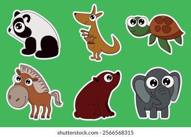 Set of pictures of cartoon wild animals. Panda, Kangaroo, Turtle, Elephant, Horse, Bear, vector illustration