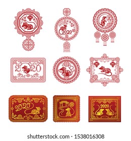 Set of pictures in the Chinese style with the symbols of the New Year. Vector illustration.