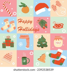 Set of pictures with Christmas, winter accessories, vector illustration