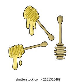 A set of pictures, a clean wooden spoon for honey, thick honey, vector illustration in cartoon style on a white background