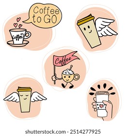 A set of pictures  coffee to go. Vector background of doodle icons.