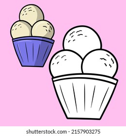 A set of pictures, a coloring book. Delicate sweet cold dessert, vanilla ice cream in a blue glass, cartoon vector illustration on a pink background