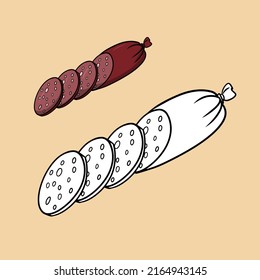 A set of pictures for a coloring book, a delicious pink piece of sausage with bacon, cut into pieces, vector cartoon illustration on a beige background