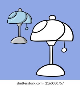 A set of pictures for a coloring book. Elegant table lamp with a light blue shade in a cartoon-style vector illustration on a blue background