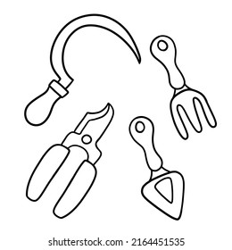 A set of pictures, a coloring book, a garden tool for pruning plants, for caring for plants, vector illustration on a white background