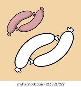 A set of pictures for a coloring book, Juicy meat, delicious pink sausages, vector illustration in cartoon style.