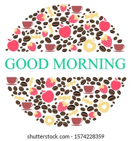 Set of pictures in the concept good morning, breakfast, sweets, cup of coffee, tea, marshmallows, strawberries, apple, vector illustration for social networks