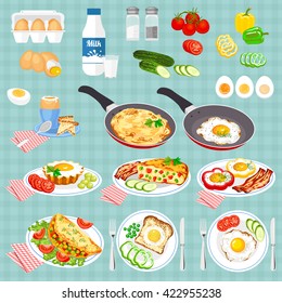 Set of pictures cooked eggs. Vector colorful illustration in flat style. Egg Breakfast