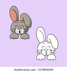 A set of pictures, A cute funny rabbit with pink ears sleeping, a vector illustration in cartoon style on a colored background
