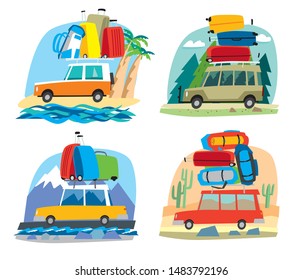 A set of pictures. Cute little cars carry a bunch of backpacks and travel bags on the beach, in the forest, in the mountains, in the desert. Vector full color graphics