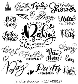 Set of pictures for decorating a newborn's holiday. A party of the newborn. Baby shower party. Lettering