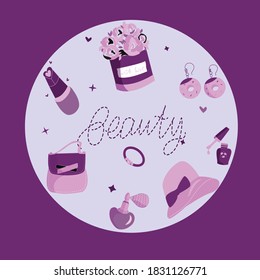 
set of pictures with decorative cosmetics, flowers in box, bag, parfume, jewelry, nail polish and hand lettering beauty, vector illustration in flat style