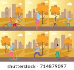 Set of pictures dedicated to sport theme depicting autumn park on cityscape background and people doing warming-up vector illustration