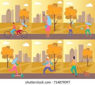 Set of pictures dedicated to sport theme depicting autumn park on cityscape background and people doing warming-up vector illustration