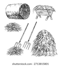 A set of pictures depicting hay. A haystack, a roll of hay, a rake, and a feeder. A hand-drawn black-and-white vector illustration. Animal feed. For the design of farm projects, as well as packaging.