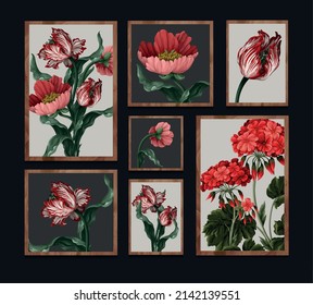 Set of pictures with different botanicals flowers. Vector