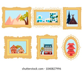 Set of pictures from different countries. China, France and Egypt. Vector illustration