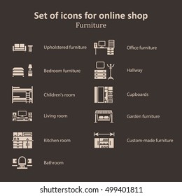 a set of pictures of different furniture partitions online store. Icons, symbols, logos for the Web site.  Vector Illustration