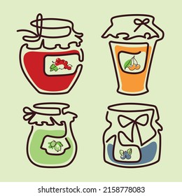 Set of pictures with different jars with homemade jam. Vector illustration