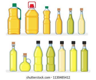 Set of pictures of different types of oil for cooking. Group bottles. Isolated vector illustration.