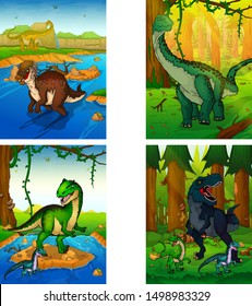 Set of pictures with dinosaurs. Dinosaur world. Vector illustration