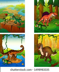 Set of pictures with dinosaurs. Dinosaur world. Vector illustration
