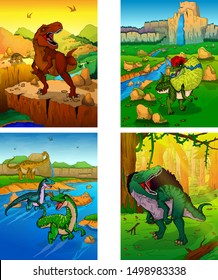 Set of pictures with dinosaurs. Dinosaur world. Vector illustration
