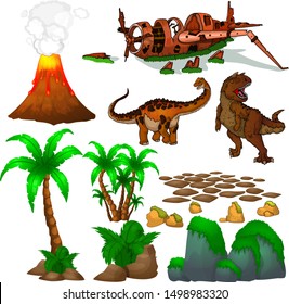 Set of pictures with dinosaurs, stones and trees. Vector illustration of the dinosaur world.