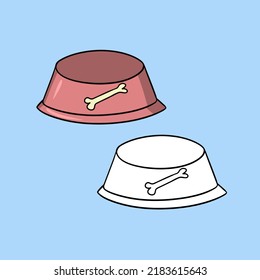 Un conjunto de imágenes, un tazón vacío de perro rosa con un hueso pintado, una ilustración vectorial en estilo de dibujos animados sobre un fondo de color