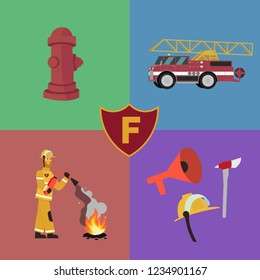 Set pictures Fire Subjects Isolated on Background. Vector Illustration Cartoon Fire Hydrant on green. Firetruck on Blue. Fireman with Fire Extinguisher on Red. Fire Tools on Purple