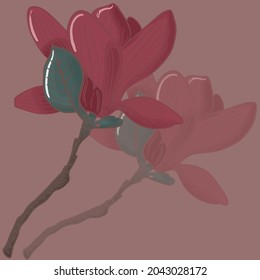 A set of pictures with flowers. Flowers in an abstract style. Plants illustration. Vector image of a flower. Twig with buds. Green leaves. Line drawing